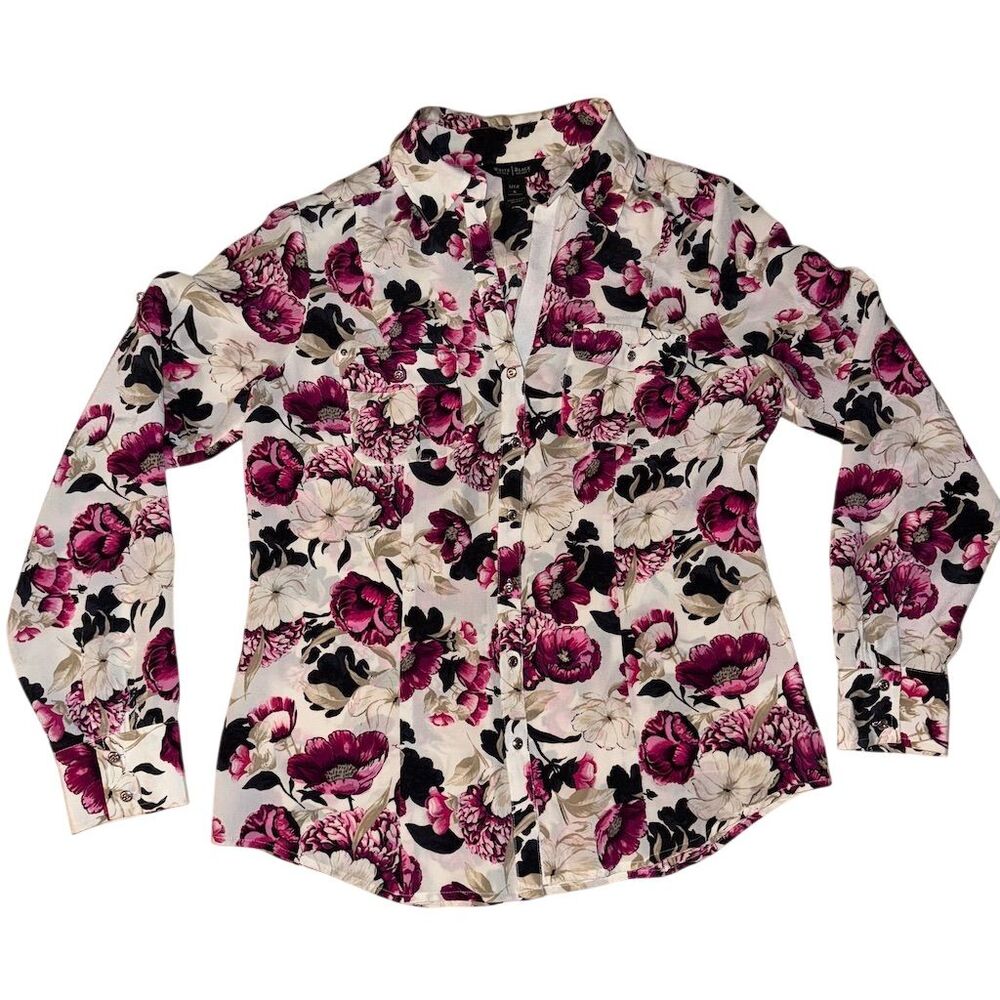 White House Black Market Floral Silk Blouse Women's Size 6 Long Sleeve